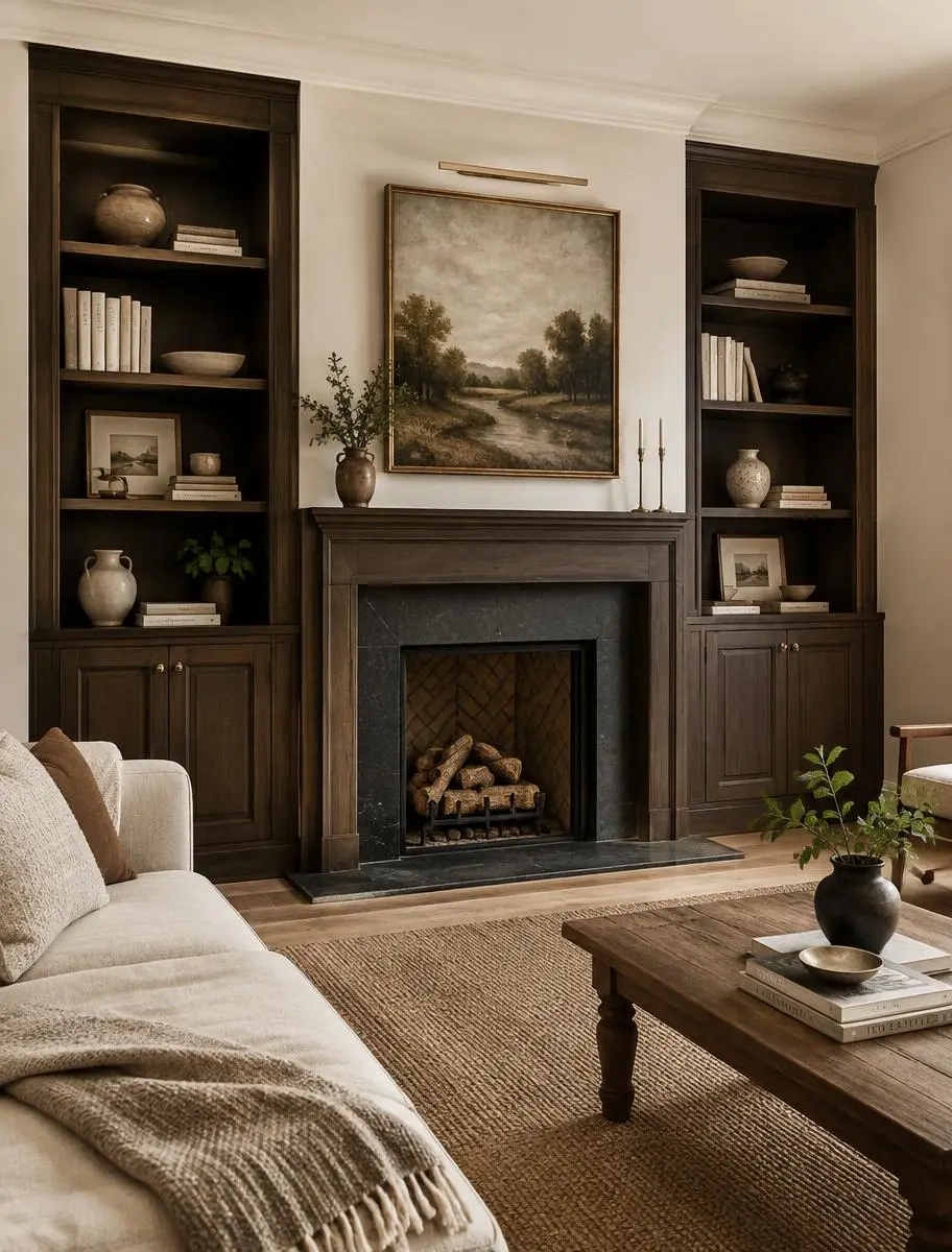 Living room built-in millwork in espresso around a fireplace