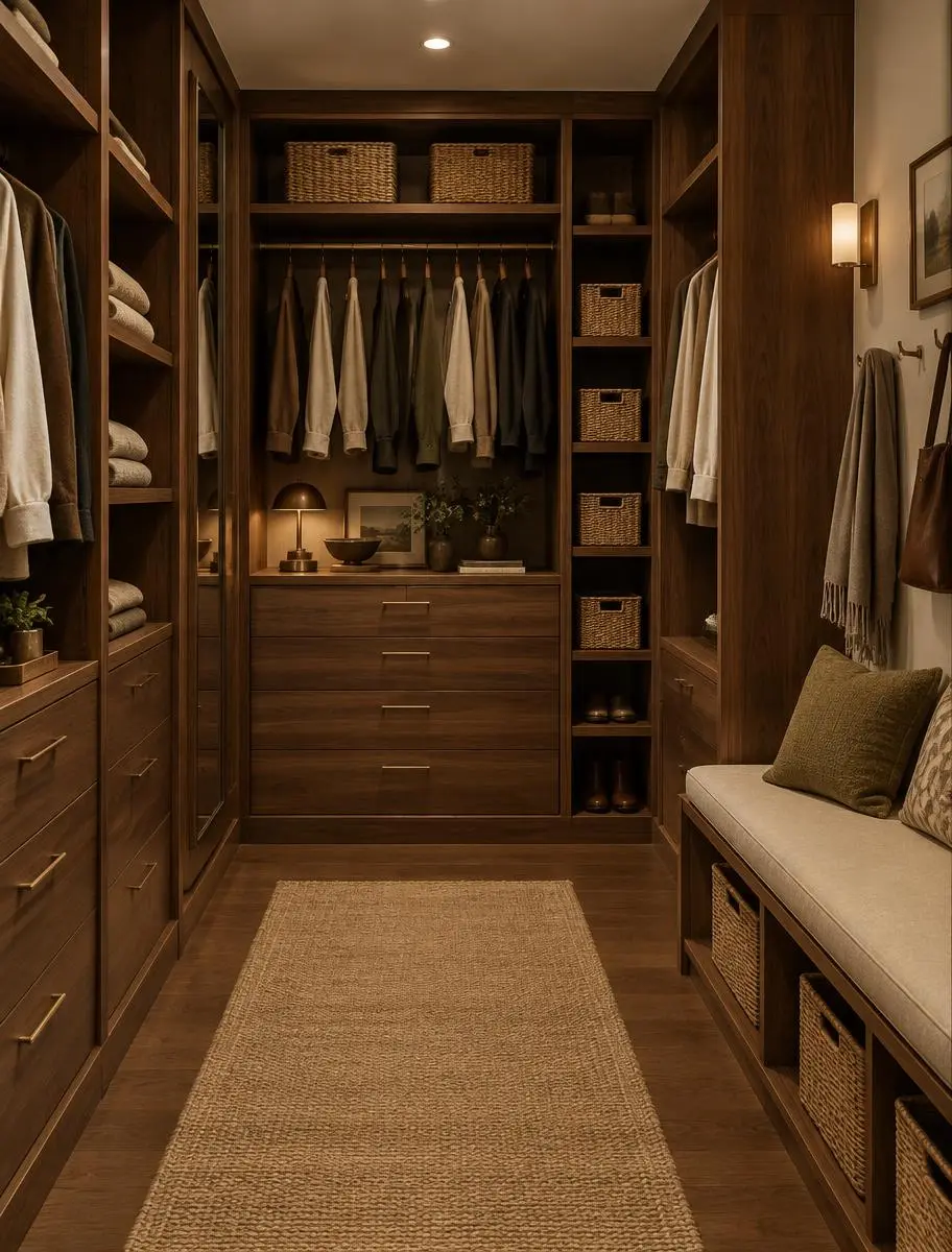 Walk-in closet with custom walnut wardrobe cabinetry and bench