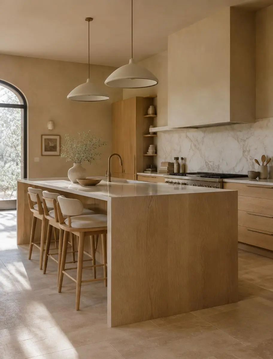 White oak kitchen island with waterfall edge and stone countertop