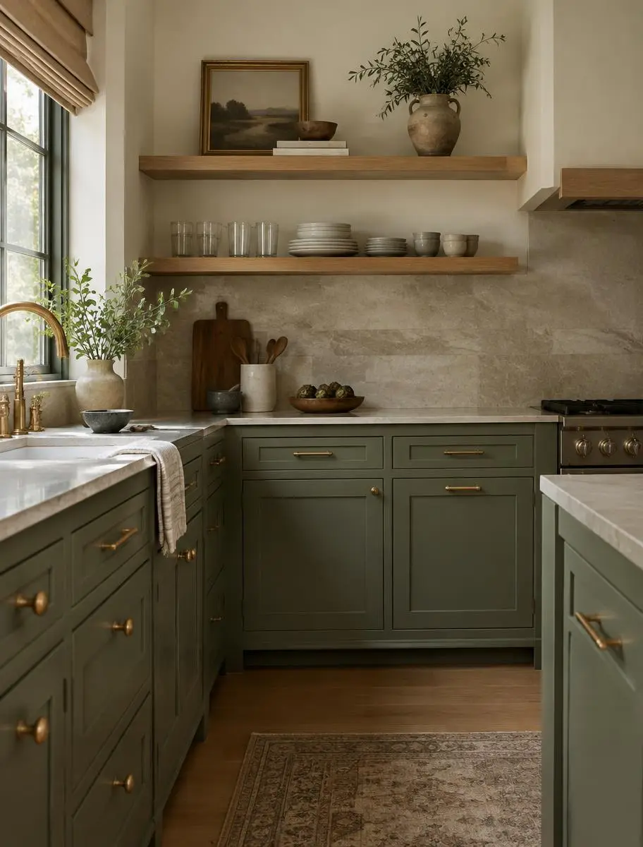 Custom kitchen with olive-green painted cabinetry and brass hardware