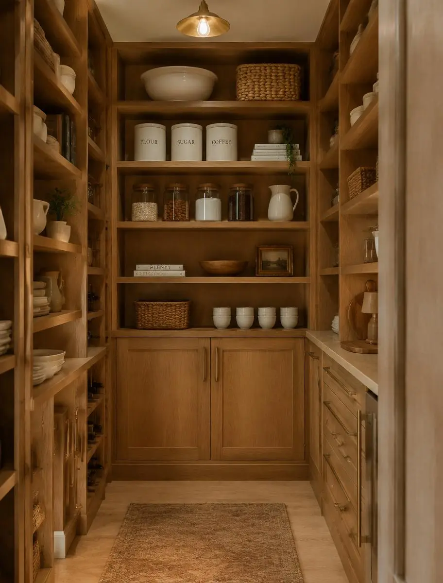 Walk-in pantry with floor-to-ceiling oak cabinetry and open shelving